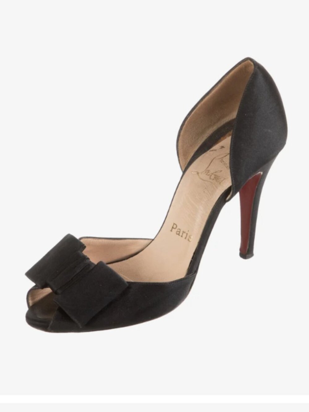 Christian Louboutin Satin Pumps Size 7 37 Black Bow Peep Toe Work Luxury AS IS